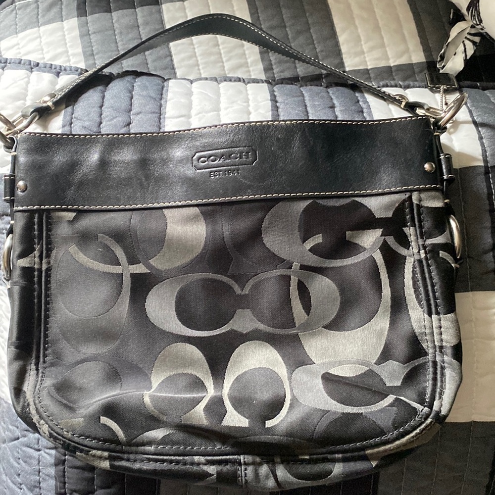 Coach purse, black & grey with leather detail & strap